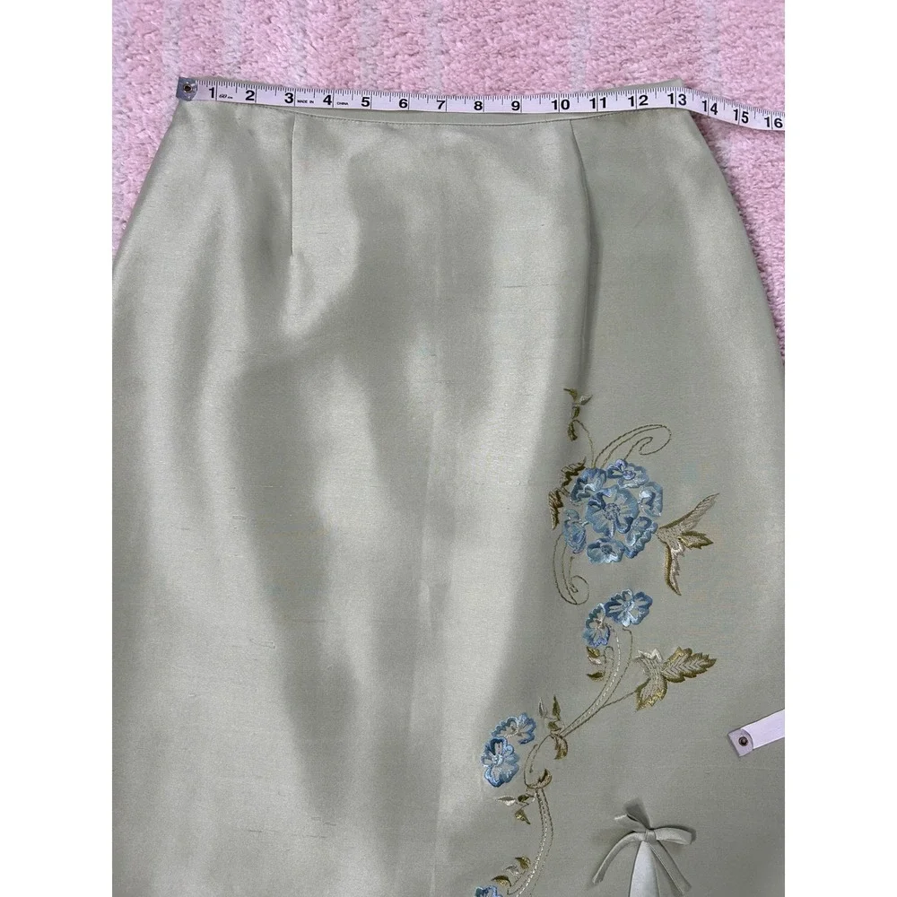 Vintage 90's David Warren Silk Pencil Skirt Floral Embroidery Pleated Trim SZ 6